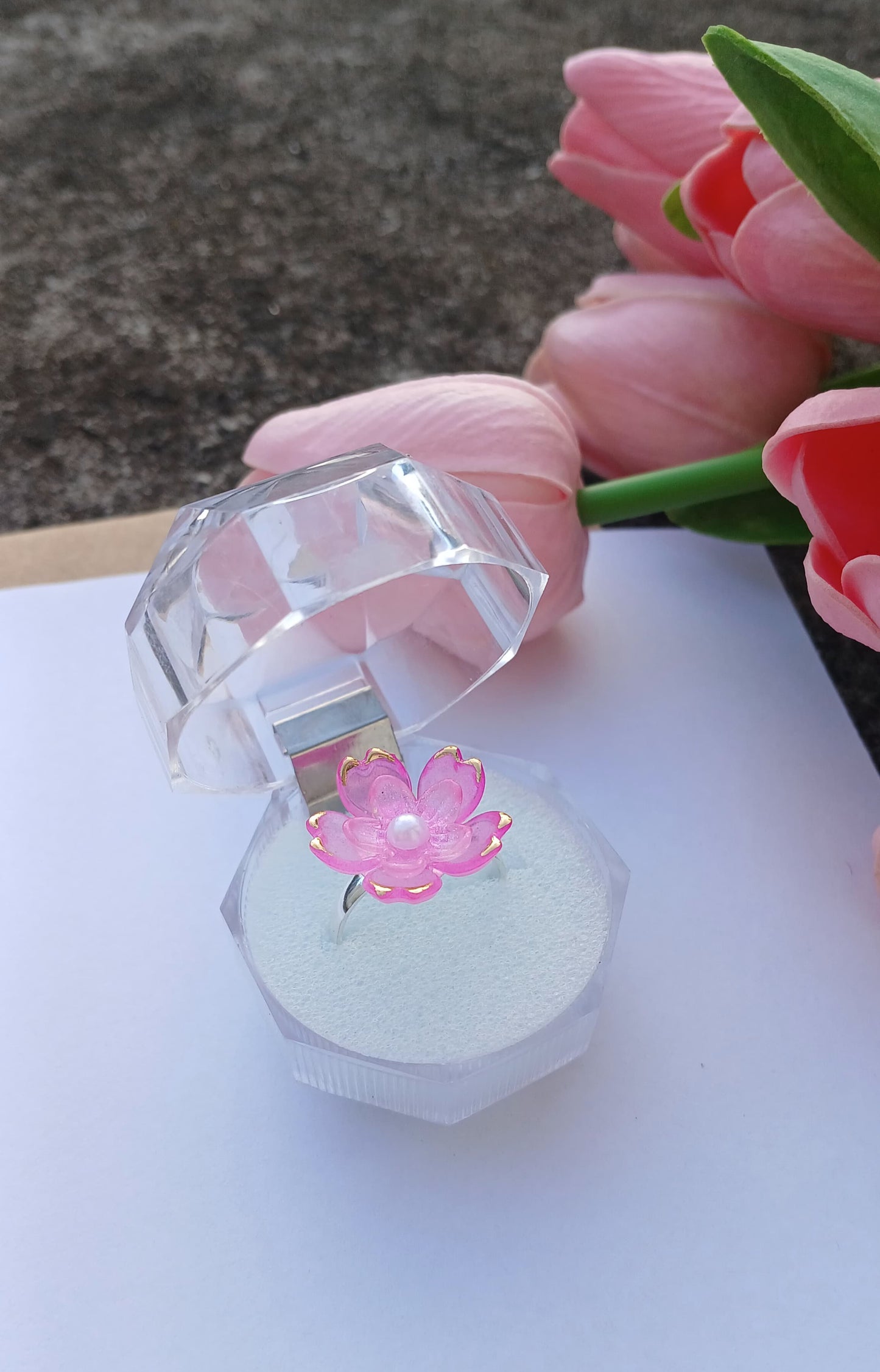 Blush Bloom Pearl Ring – Pink Flower Petal Elegance