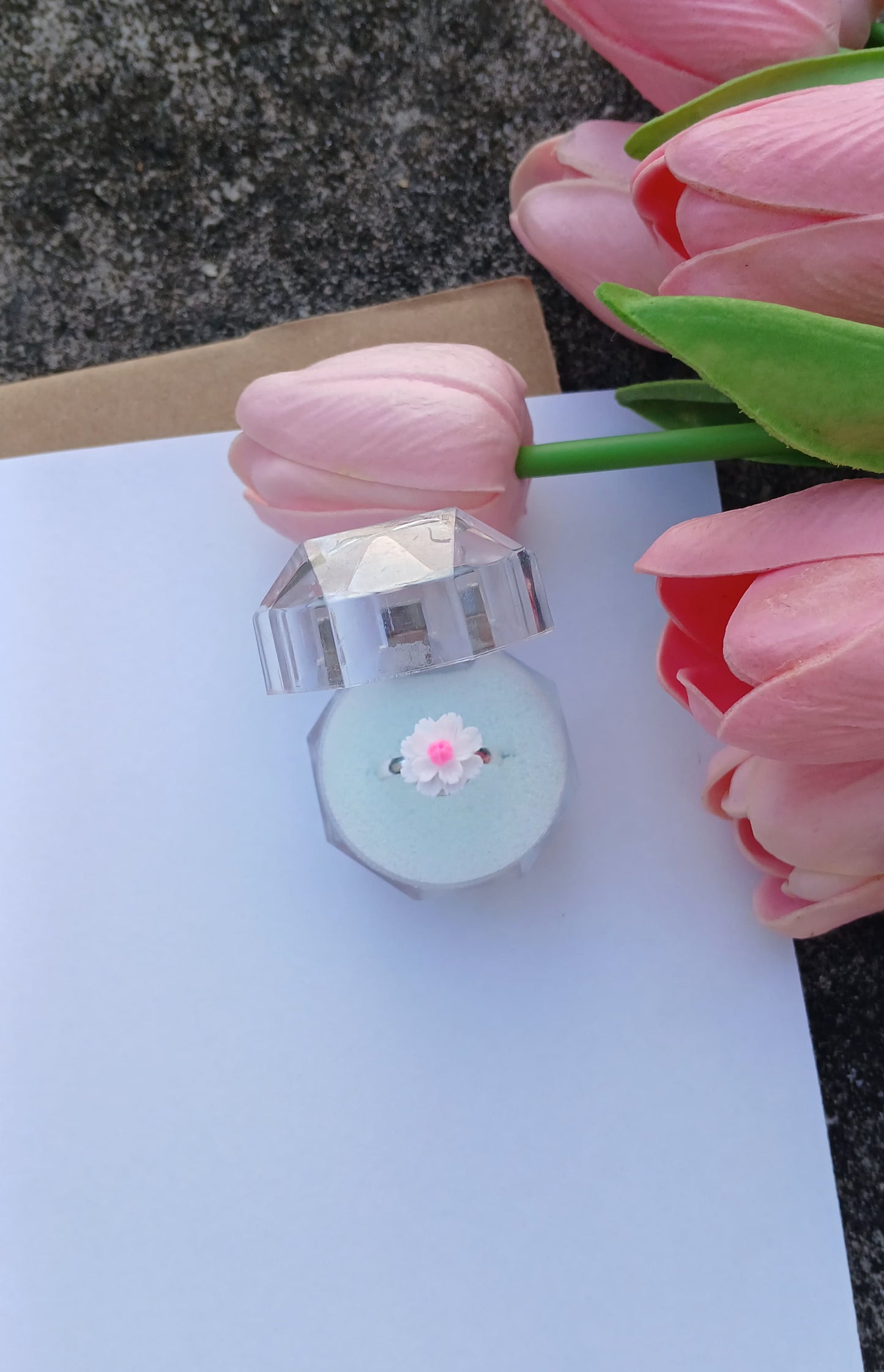 Petite Sakura Blossom Ring – Minimalist Pink & White Flower Charm