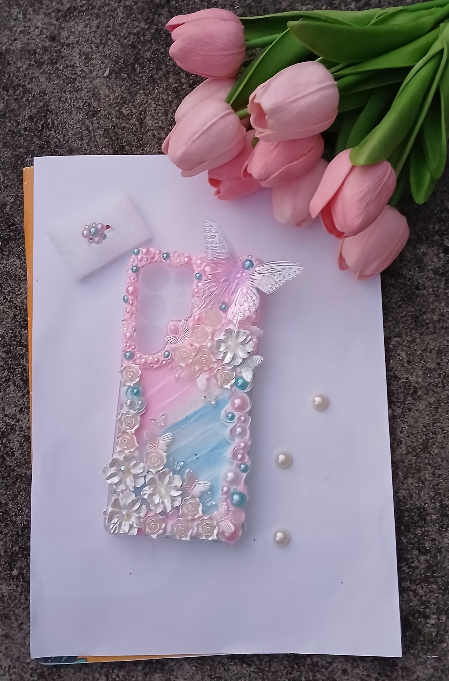 Crystal Blossom Dream Phone Case – Pastel Pink & Blue Butterfly Garden