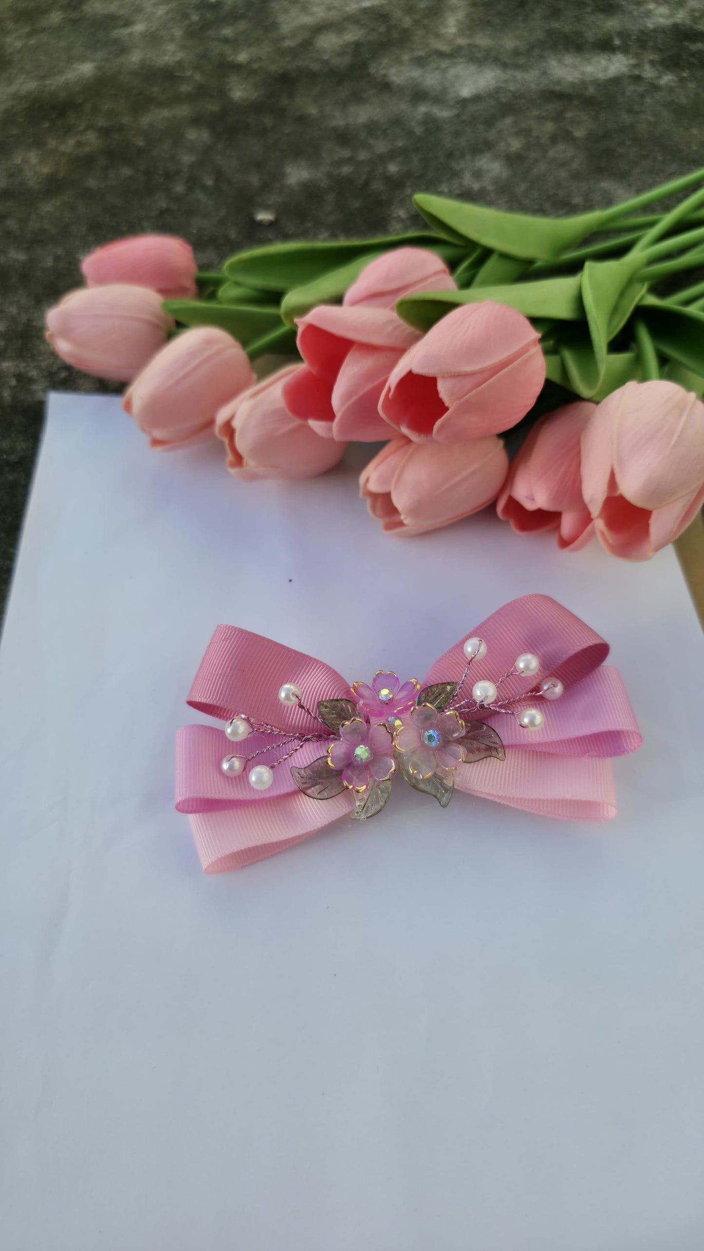 Rosy Bloom Hair Bow with Pearl & Crystal Detailing