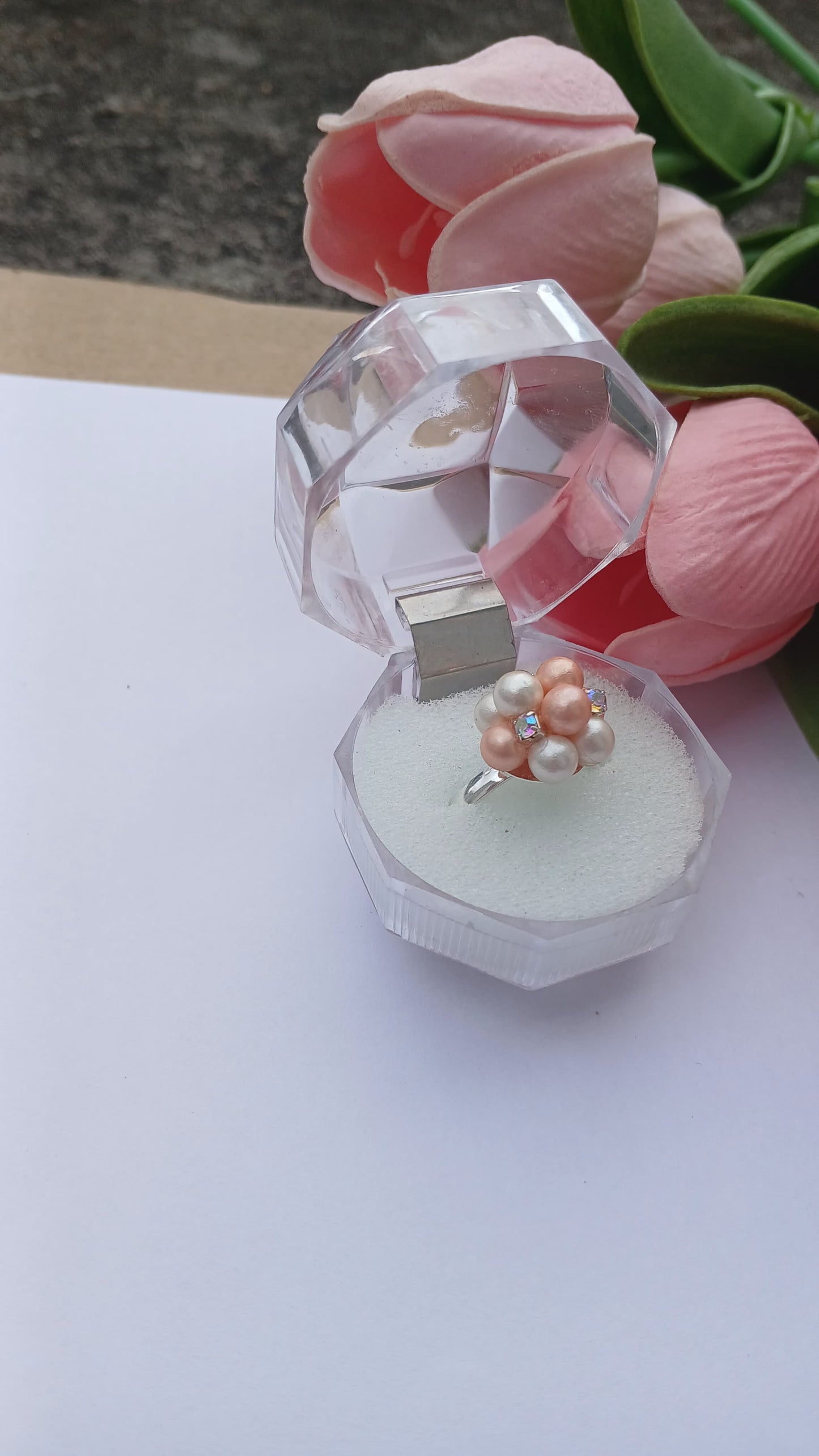 Peach & Pearl Cluster Ring – Handmade Beaded Elegance