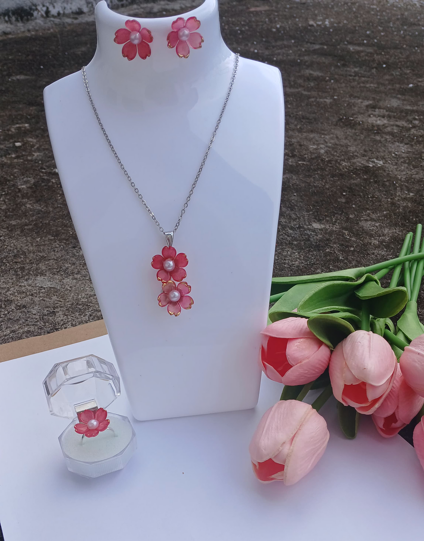 Blossom Pearl Trio Jewelry Set (Earrings + Pendant + Ring)