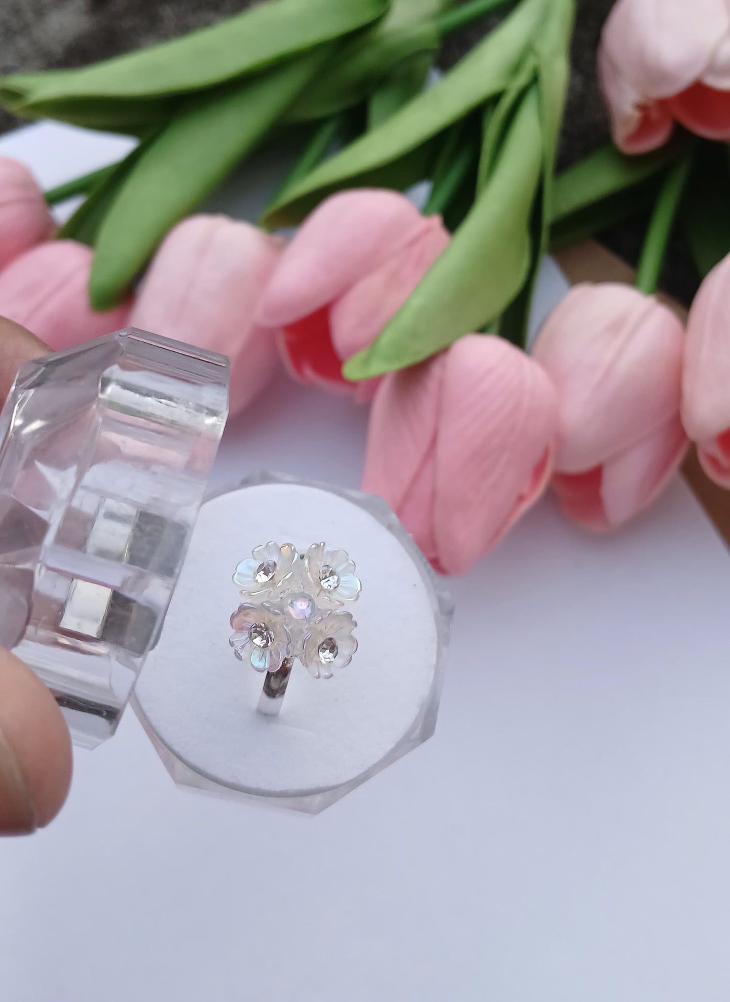 Crystal Bloom Adjustable Ring – Elegant Floral Sparkle