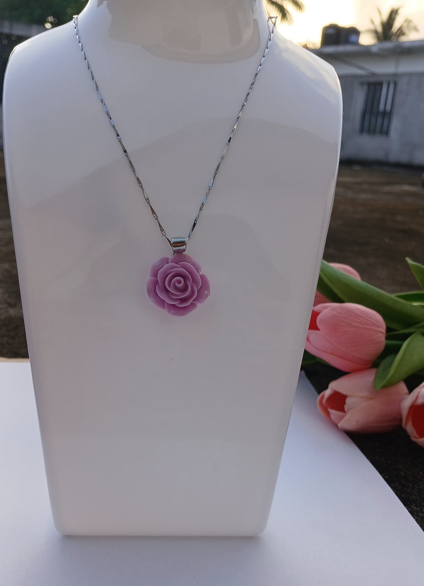 Elegant Purple Rose Pendant Necklace