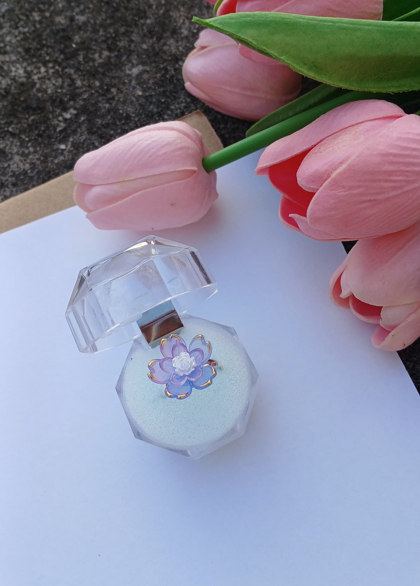 Purple Petal Bloom Ring – Elegant Iridescent Flower Statement