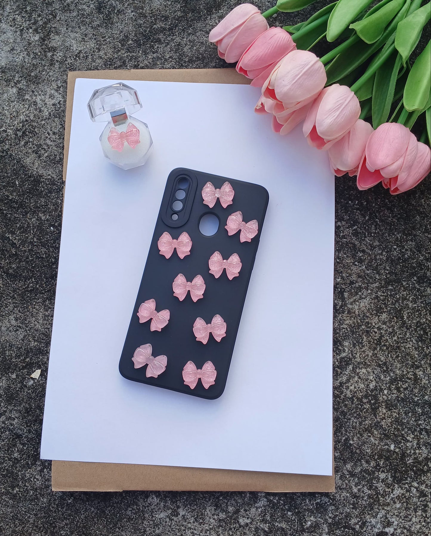 Elegant Matte Black Phone Case with Pink Resin Bows