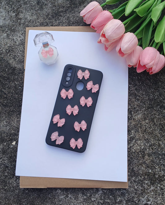 Elegant Matte Black Phone Case with Pink Resin Bows