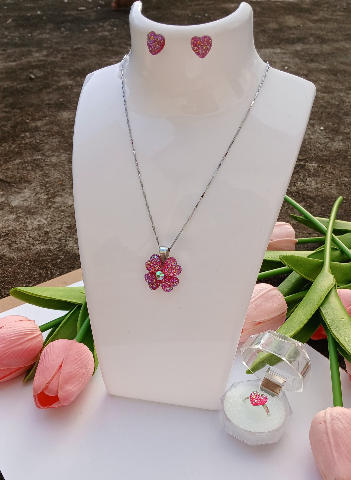 Pink Glitter Heart & Flower Jewelry Set – Necklace, Earrings & Ring