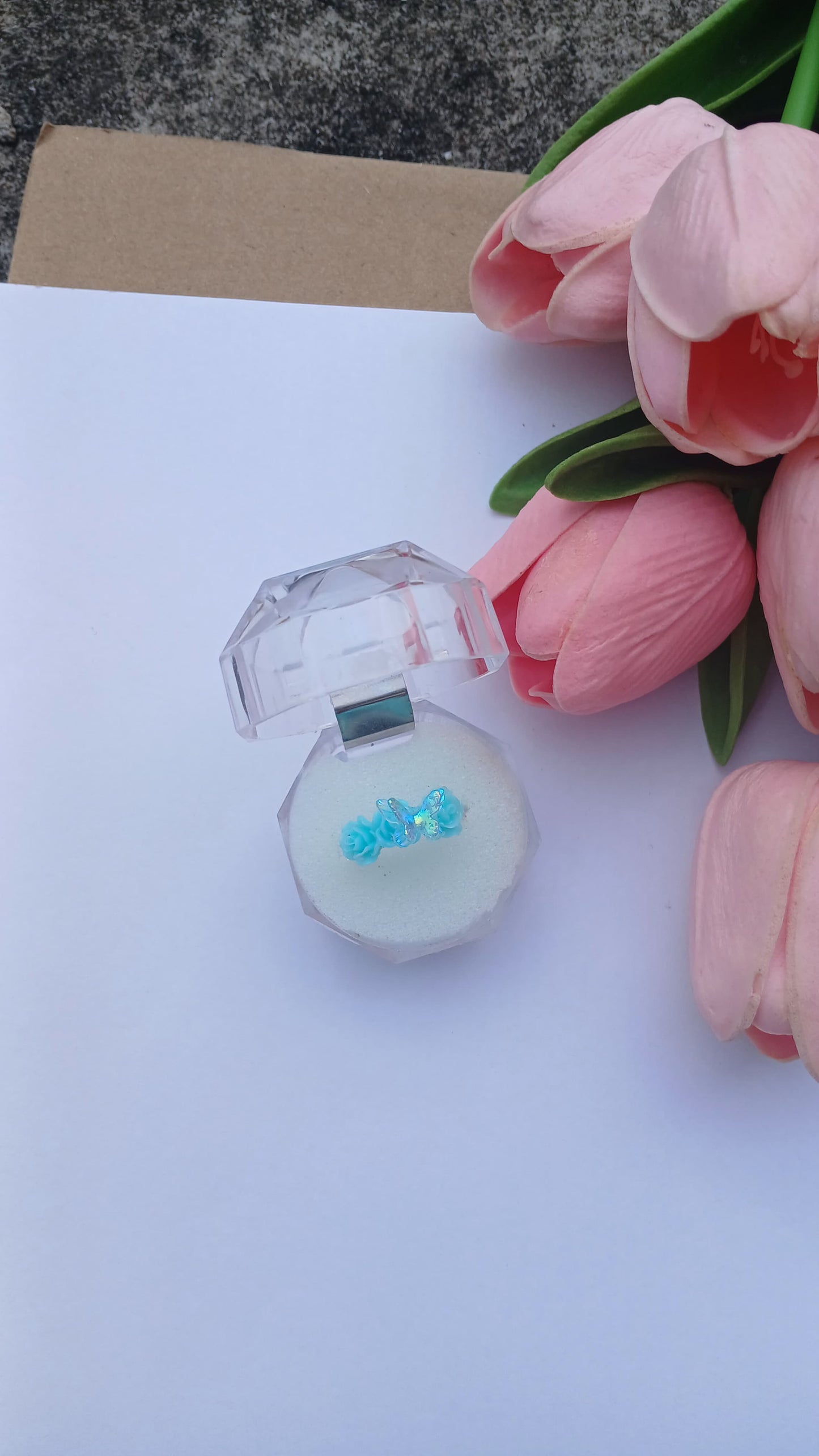 Blue Butterfly & Rose Resin Ring – Handmade Floral Charm