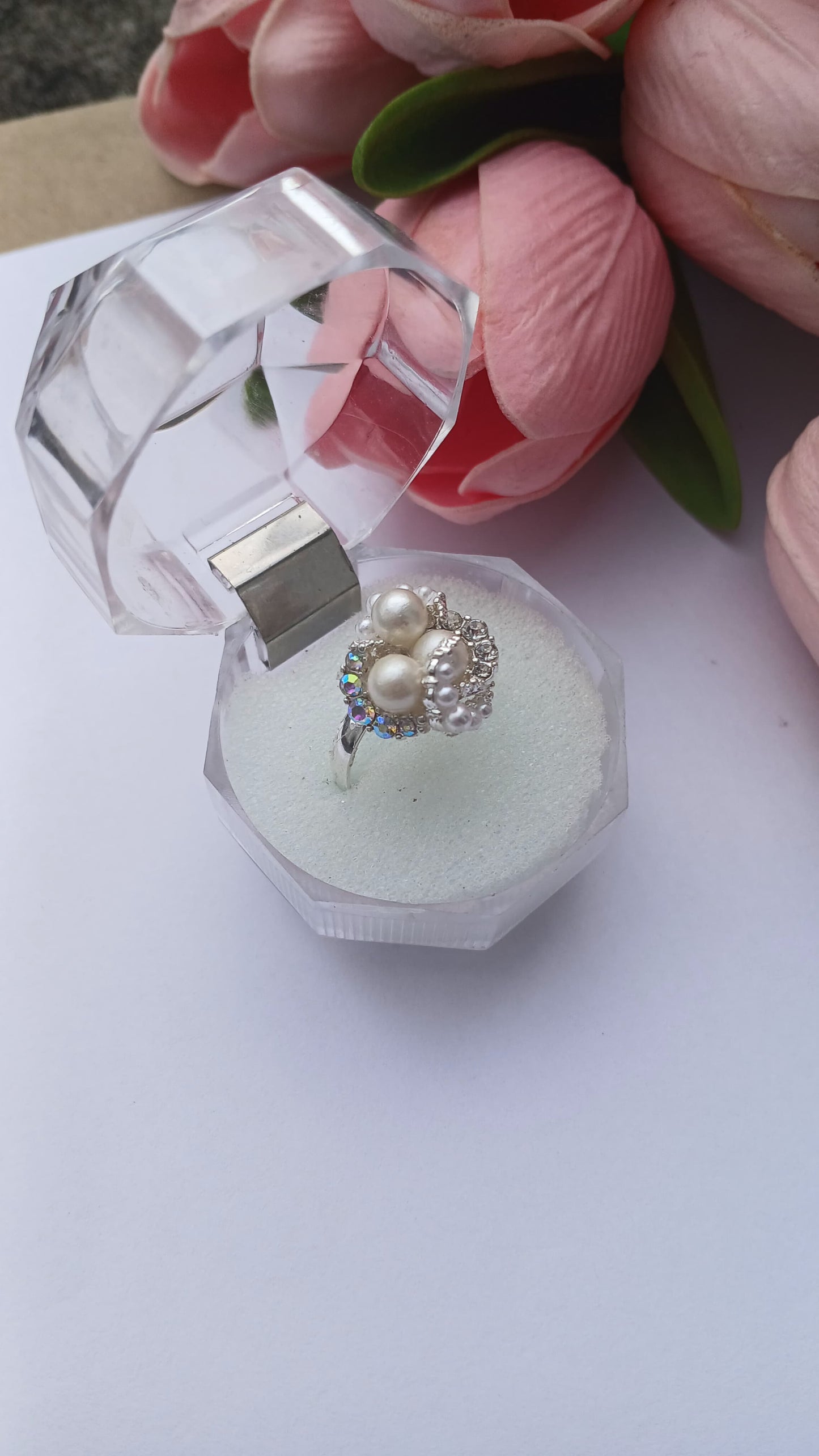Elegant Pearl & Crystal Halo Ring