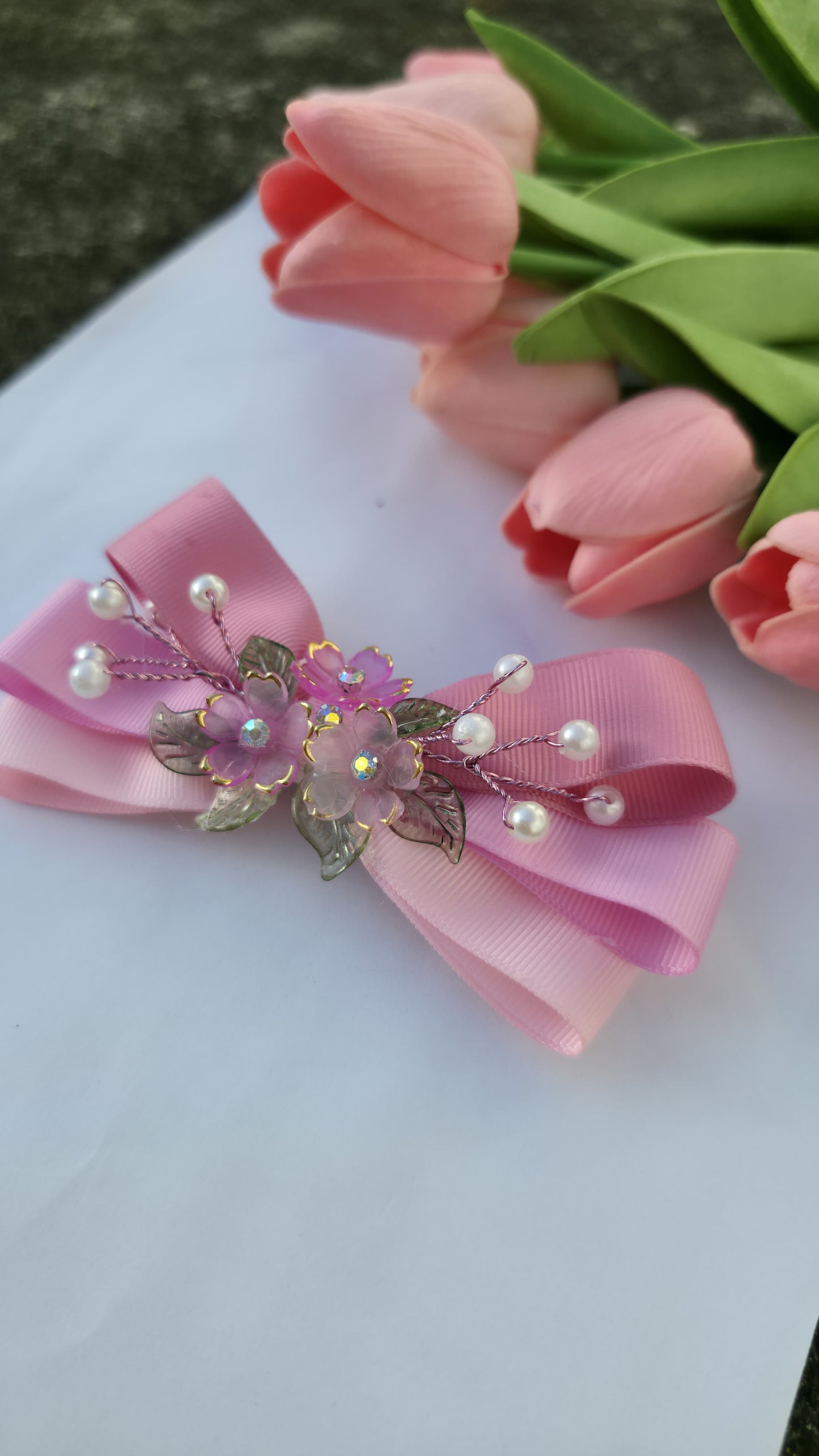 Rosy Bloom Hair Bow with Pearl & Crystal Detailing