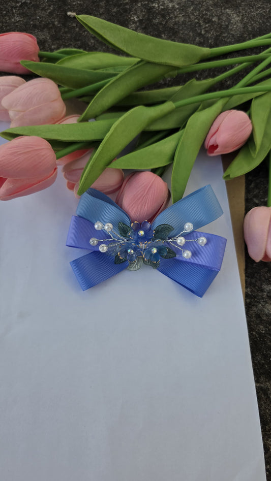 Blue Belle Hair Bow – Floral Pearl Embellished Clip