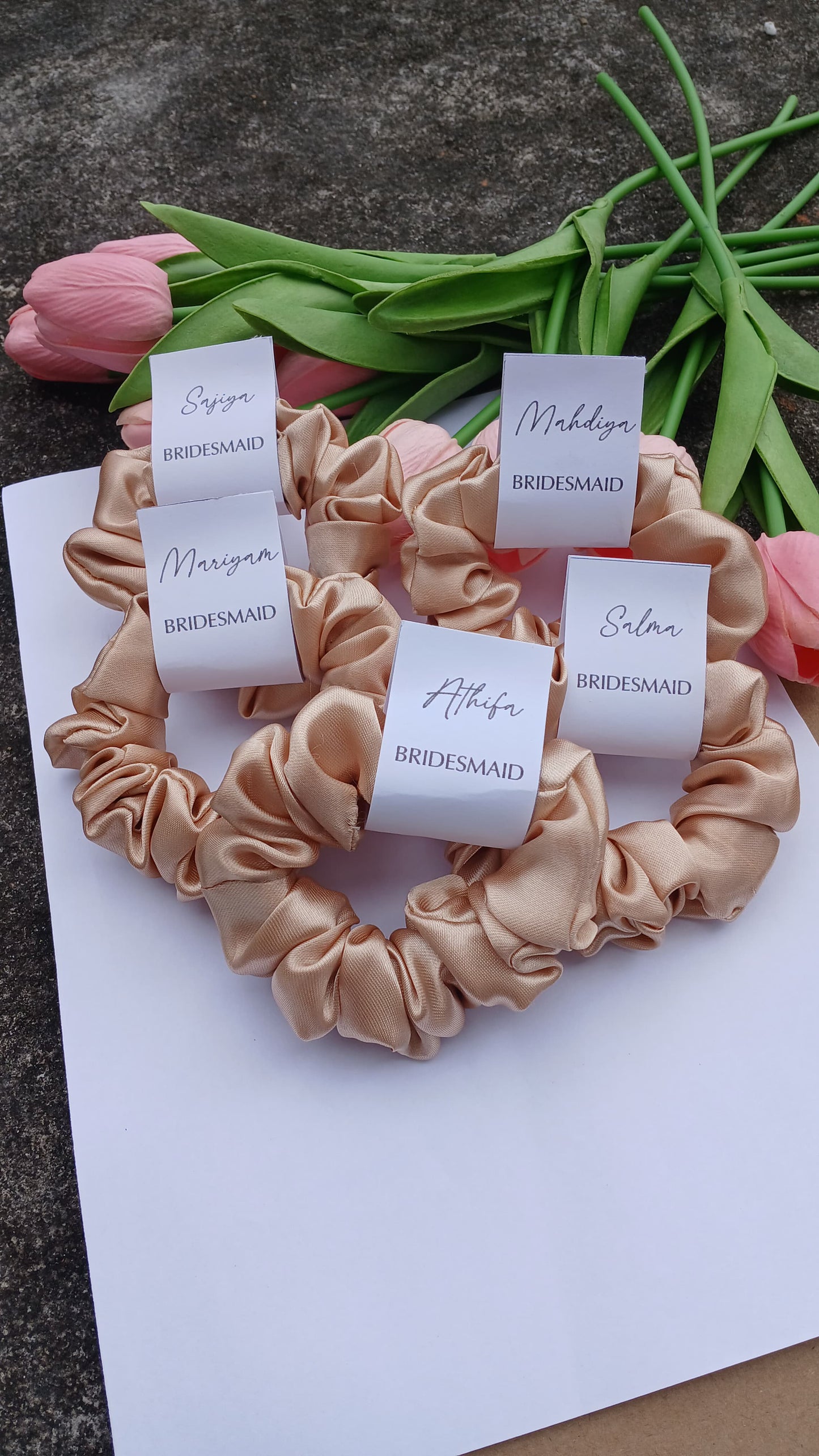 Personalized Bridesmaid Satin Scrunchies – Custom Name Favors(1 piece)