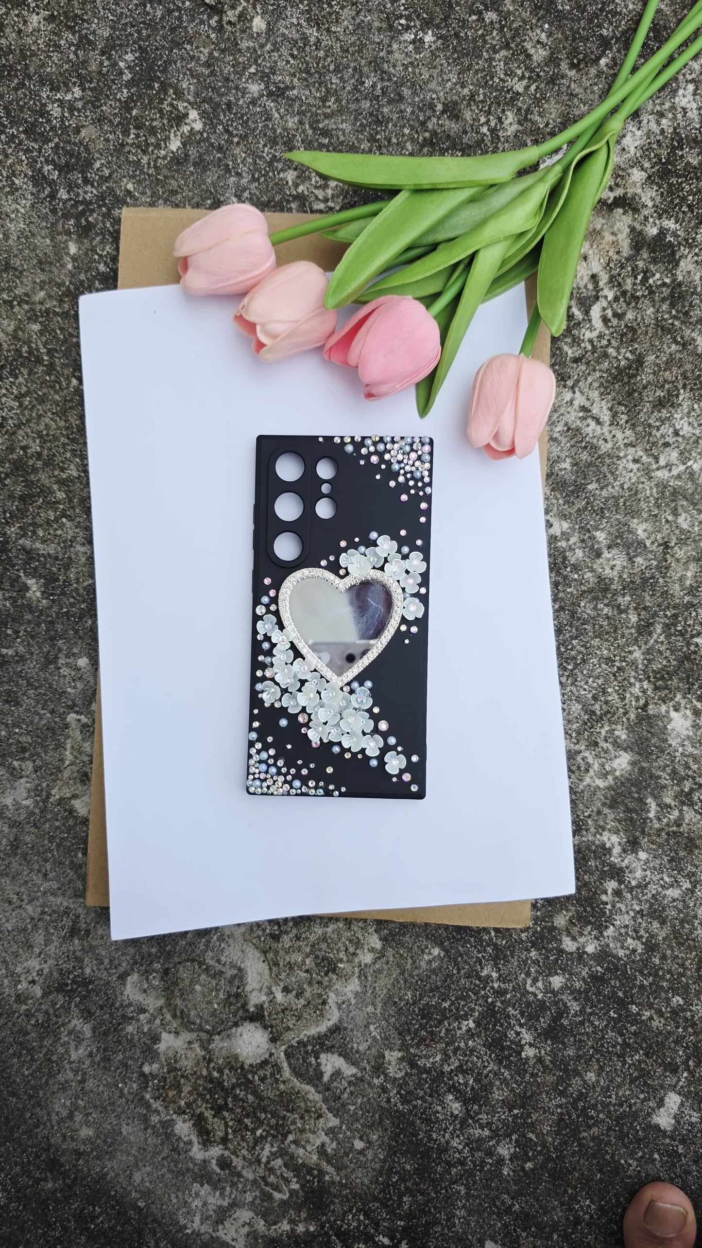Handmade Black Heart Mirror Phone Case – Crystal & Floral Design
