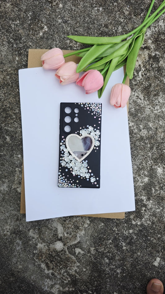 Handmade Black Heart Mirror Phone Case – Crystal & Floral Design