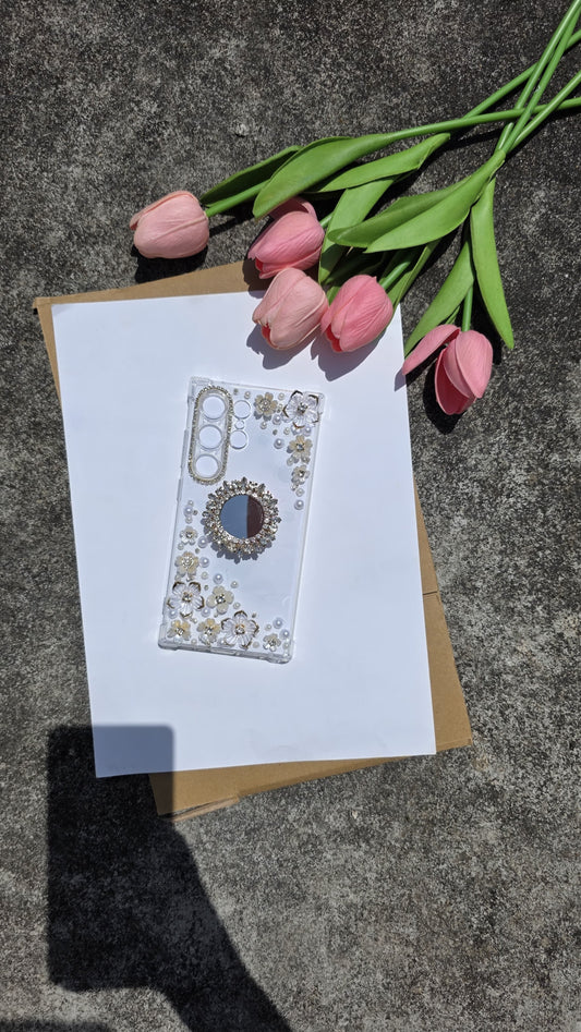 Handmade Crystal Clear Floral Phone Case – Pearl & Rhinestone Design