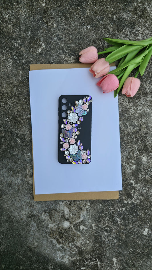 Handmade Butterfly & Crystal Floral Phone Case – Black Glam Edition