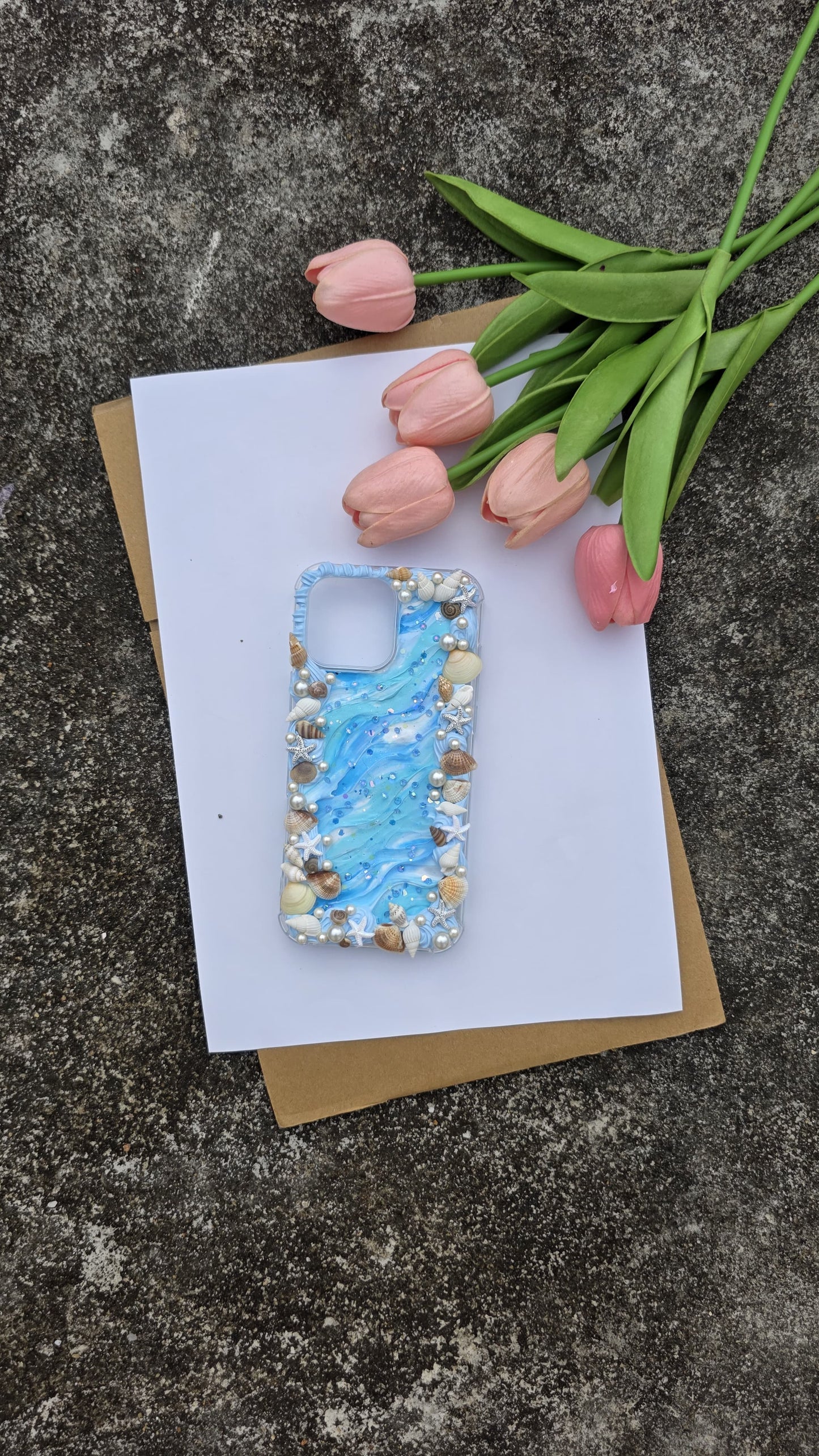 Handmade Ocean Seashell Phone Case – Blue Wave Beach Design