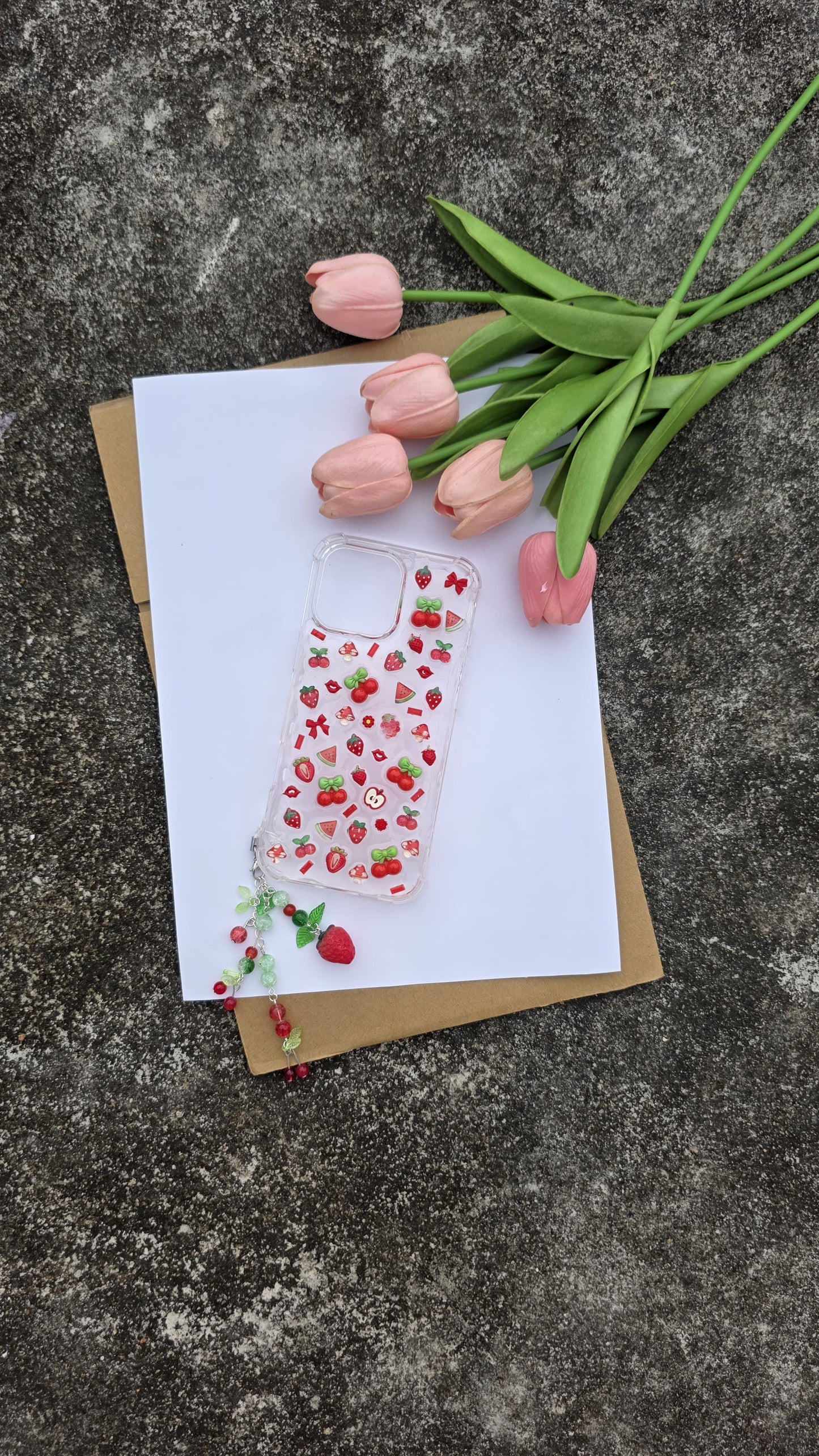 Handmade Strawberry Fruit Phone Case with Charm – Cute Transparent Cover